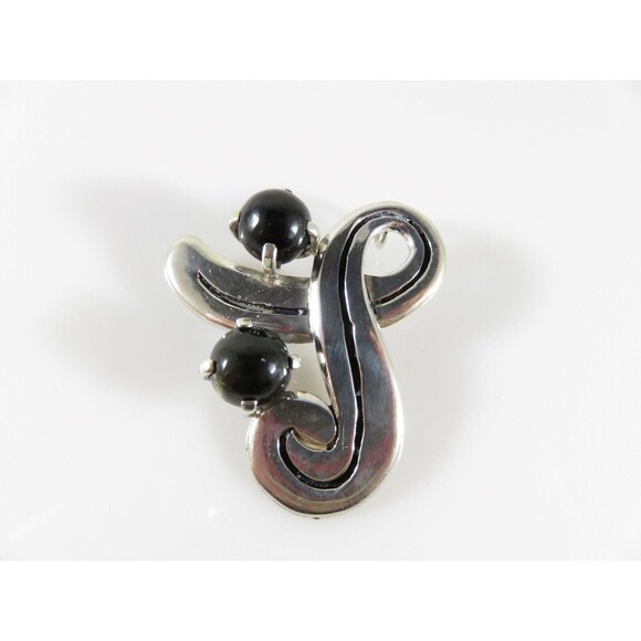 Fetching Modernist Swirling Silver & Onyx Brooch Pendant Taxco TC Conjoined Old - Picture 1 of 8
